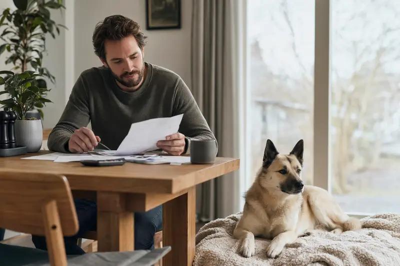 Ein Hundehalter sitzt mit einer Tierarztrechnung am Tisch, während ein entspannter Norwegischer Buhund auf einer Decke daneben liegt, passend zum Thema Hundekrankenversicherung.