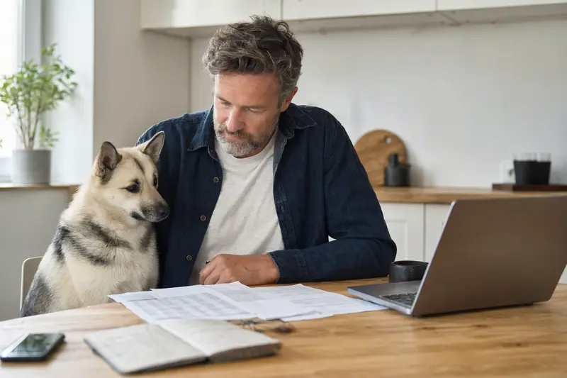 Ein Norwegischer Buhund sitzt ruhig neben seinem Besitzer am Küchentisch mit Versicherungsunterlagen und einem Laptop zur Hundeversicherung.
