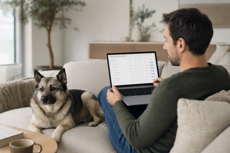 Ein Hundebesitzer arbeitet entspannt mit einem Laptop auf dem Sofa, während ein Norwegischer Buhund neben ihm sitzt.