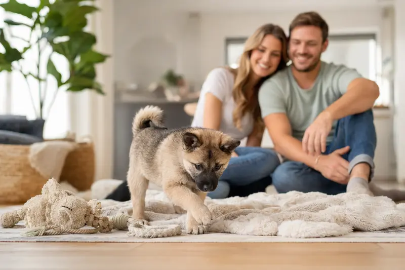 Ein neugieriger Norwegischer Buhund Welpe erkundet seine Umgebung in einer freundlichen Wohnung.