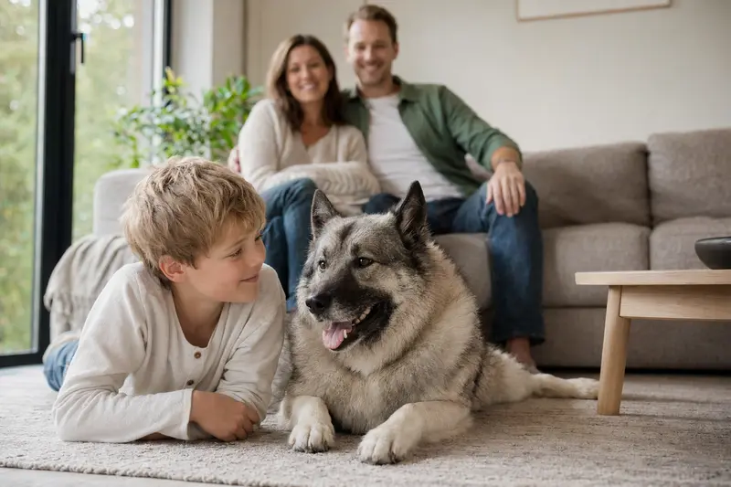 Ein freundlicher Norwegischer Elchhund liegt entspannt neben einem Kind im Wohnzimmer, während die Eltern im Hintergrund eine helle und sichere Familienatmosphäre schaffen.