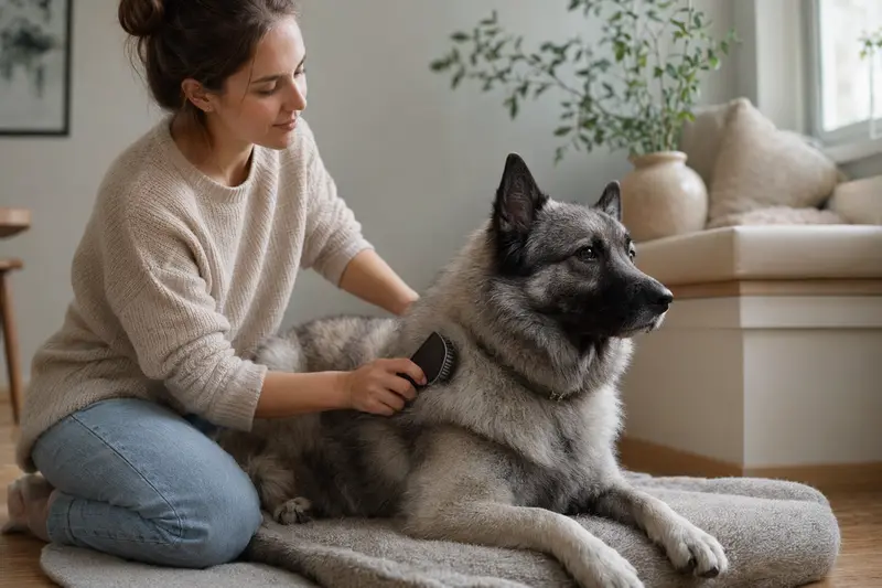 Ein Norwegischer Elchhund wird in einer hellen Wohnung sanft gebürstet und gepflegt.