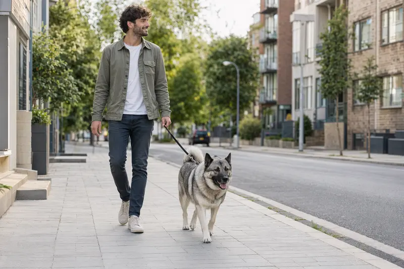 Ein Norwegischer Elchhund läuft an der Leine mit seinem Besitzer durch eine moderne Stadtstraße.