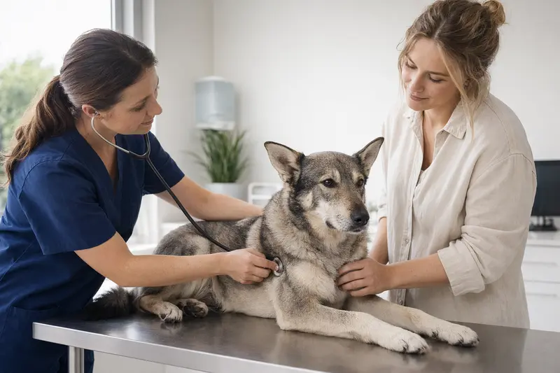 Ein ruhiger Norwegischer Elchhund wird sanft von einer Tierärztin mit Stethoskop in einer modernen Tierarztpraxis untersucht.