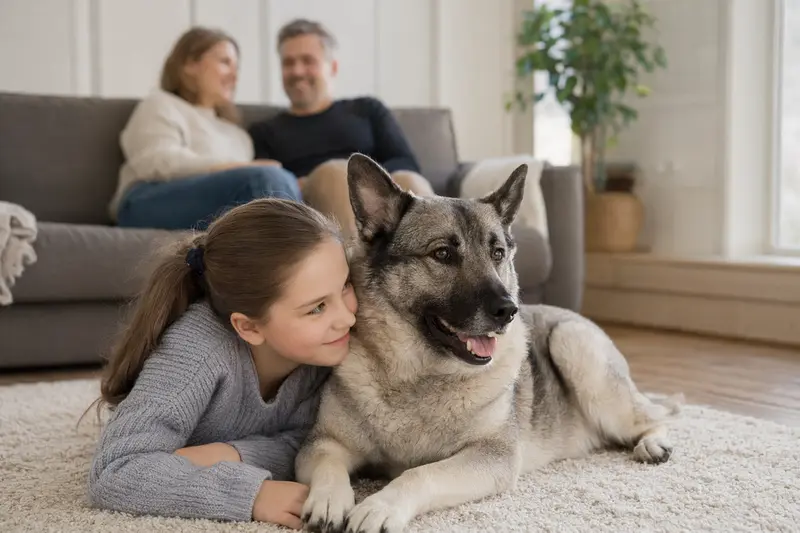 Ein freundlicher Norwegischer Elchhund liegt entspannt neben einem Kind im hellen Wohnzimmer einer Familie.