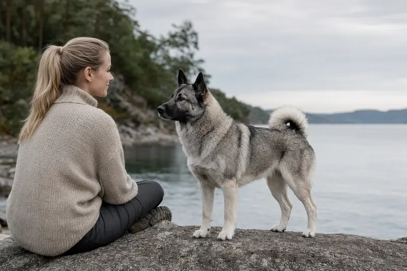 Ein grauer Norwegischer Elchhund steht aufmerksam vor hellem Hintergrund und zeigt in einem professionellen Tierportrait seine typische Fellstruktur und Körperform.