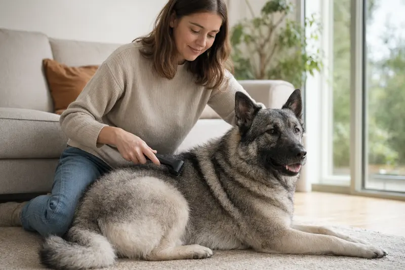 Ein Norwegischer Elchhund wird zuhause sanft gebürstet, während sein Besitzer die Fellpflege liebevoll übernimmt.