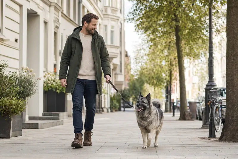Ein Norwegischer Elchhund läuft an der Leine mit seinem Besitzer durch eine moderne Stadtstraße.