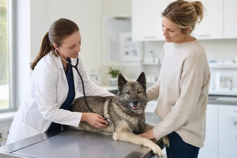 Ein grauer Norwegischer Elchhund wird von einer freundlichen Tierärztin in einer modernen Praxis mit einem Stethoskop untersucht.