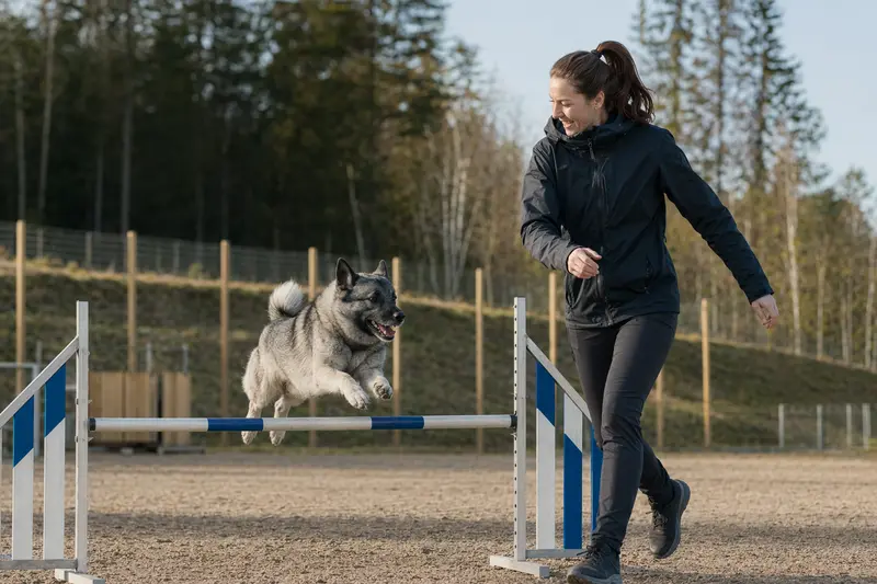 Ein grauer Norwegischer Elchhund trainiert mit seinem Besitzer an einer kleinen Hürde auf dem Hundeplatz in sonniger Stimmung.