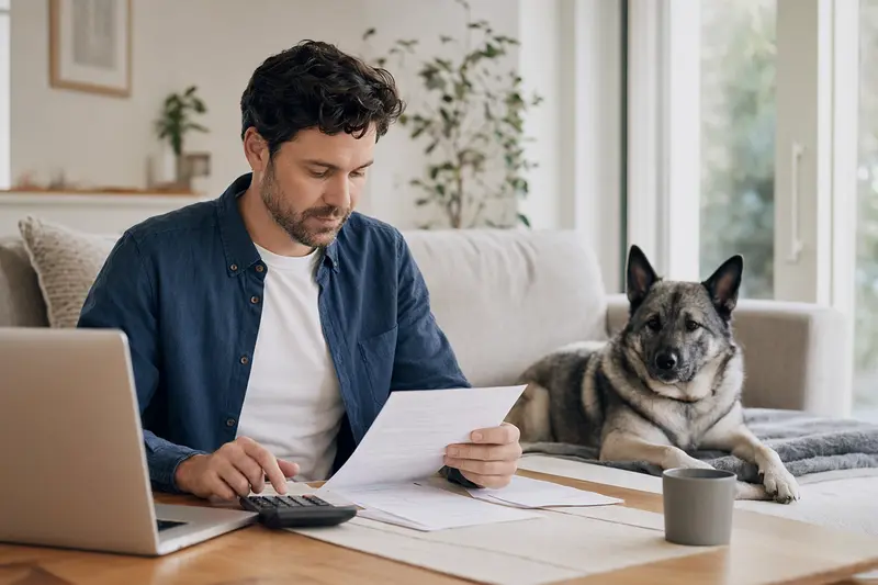 Ein Besitzer sitzt mit einer Tierarztrechnung am Tisch, während ein entspannter Norwegischer Elchhund auf einer Decke neben ihm liegt.