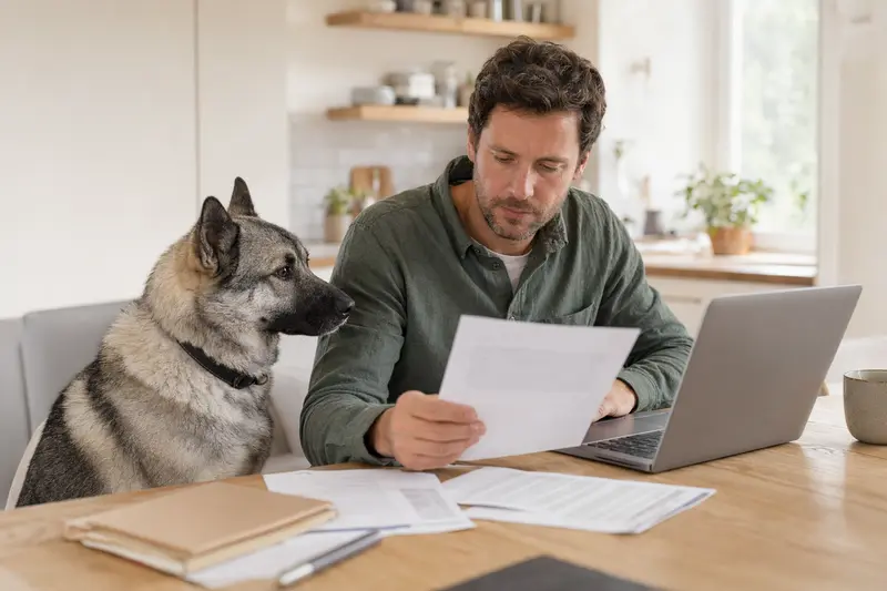 Ein grauer Norwegischer Elchhund sitzt ruhig neben seinem Besitzer am Küchentisch mit Versicherungsunterlagen und Laptop für den Hundeversicherungs-Vergleich.