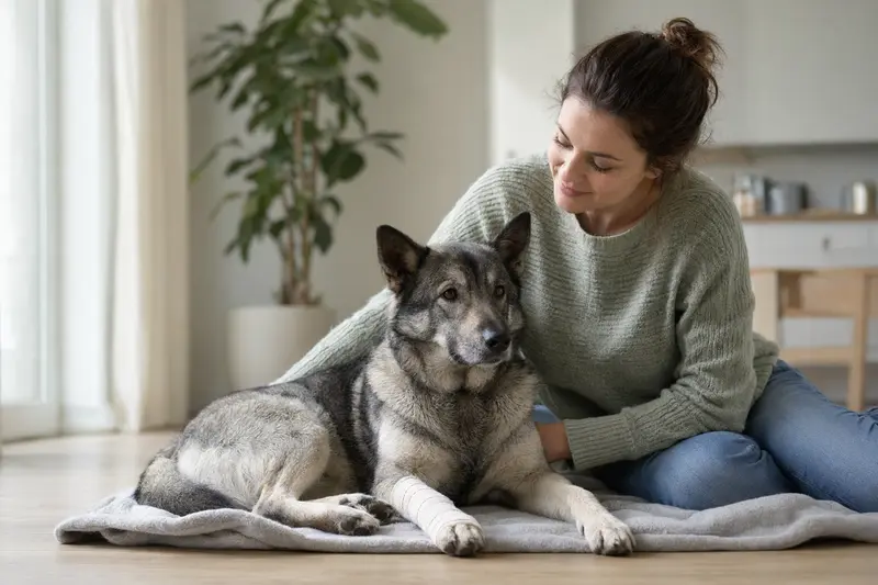 Norwegischer Elchhund mit leicht verbundenen Pfote liegt ruhig auf einer Decke, während sein Besitzer neben ihm erleichtert sitzt.