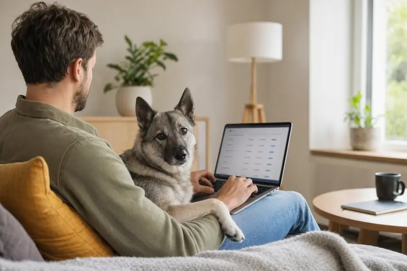 Ein Besitzer arbeitet am Laptop auf dem Sofa, während sein grauer Norwegischer Elchhund neben ihm sitzt, und der Bildschirm zeigt eine Versicherungsvergleichs-Oberfläche.