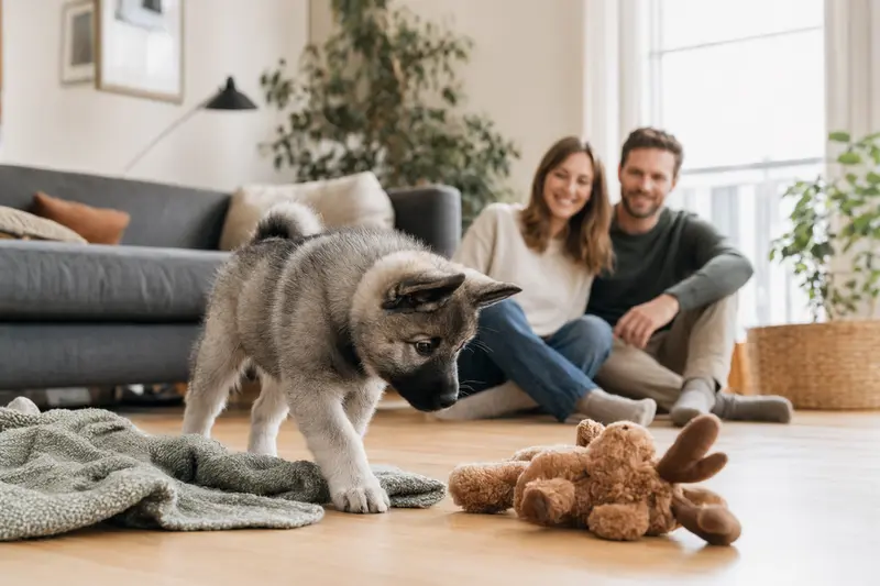 Ein neugieriger grauer Norwegischer Elchhund Welpe erkundet sein neues Zuhause mit einer liebevollen Familie im Hintergrund.