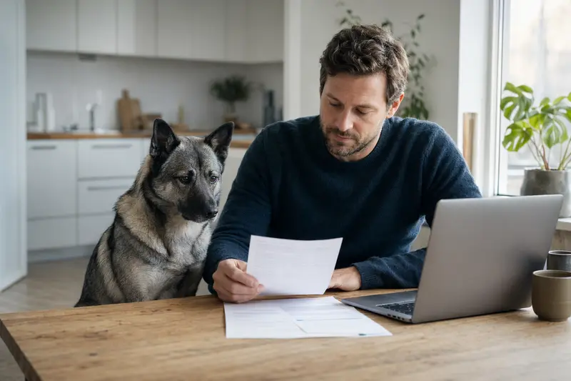 Ein Norwegischer Elchhund sitzt ruhig neben seinem Besitzer am Küchentisch mit Versicherungsunterlagen und Laptop zur Hundekrankenversicherung.