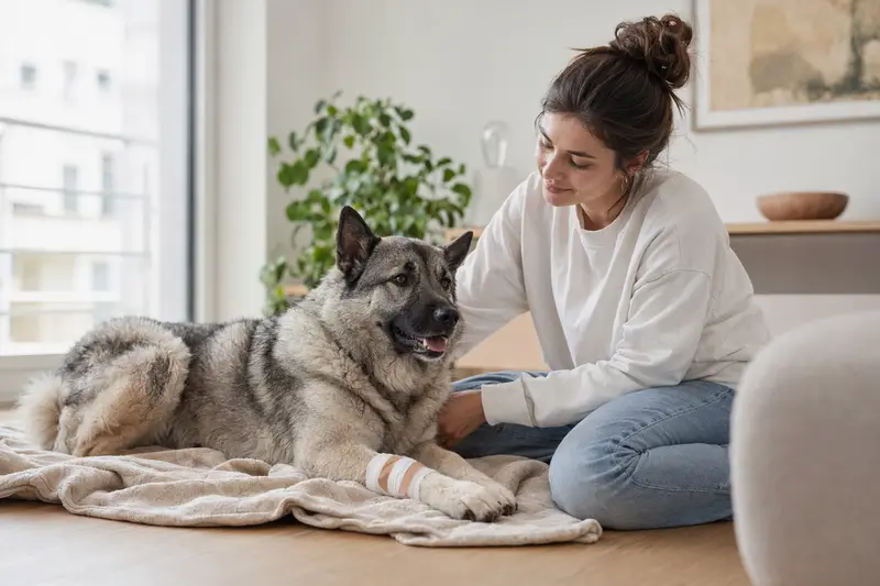 Norwegischer Elchhund mit leichtem Verband an der Pfote liegt ruhig auf einer Decke, während sein Besitzer erleichtert neben ihm sitzt.