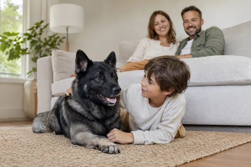Ein freundlicher schwarzer Norwegischer Elchhund liegt entspannt neben einem Kind im hellen Wohnzimmer, während die Eltern im Hintergrund eine sichere Familienatmosphäre schaffen.