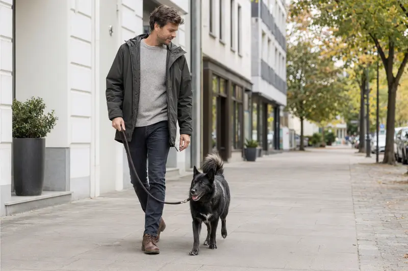 Ein schwarzer Norwegischer Elchhund läuft an der Leine mit seinem Besitzer durch eine moderne Stadtstraße.