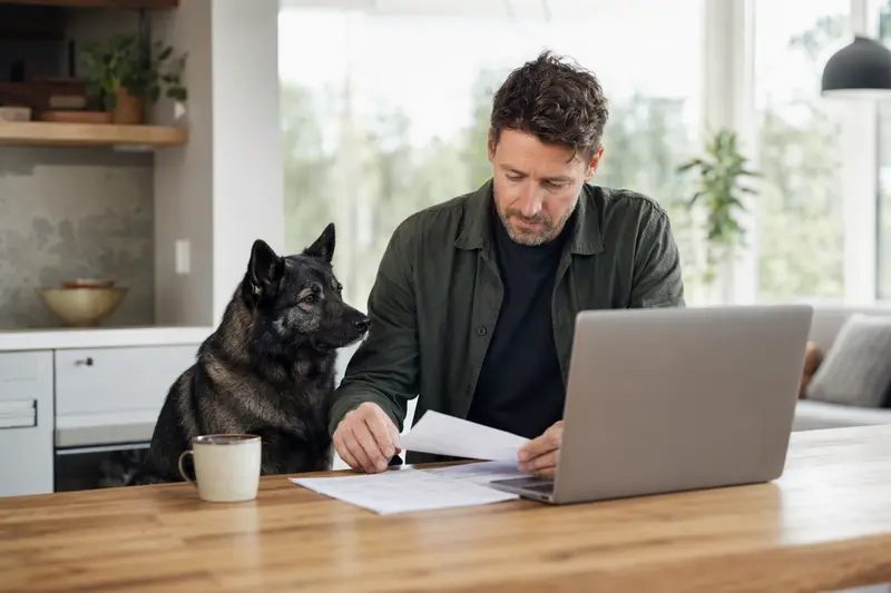 Ein Norwegischer Elchhund schwarz sitzt ruhig neben seinem Besitzer am Küchentisch, während Versicherungsunterlagen und ein Laptop mit Vergleichsseite vor ihm liegen.