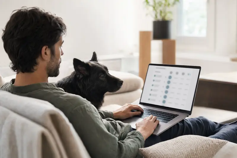 Ein Besitzer sitzt mit einem Laptop auf dem Sofa, während ein schwarzer Norwegischer Elchhund neben ihm liegt, der Bildschirm zeigt eine neutrale Versicherungsvergleichsseite.