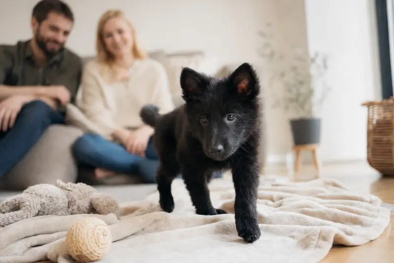 Neugieriger Norwegischer Elchhund-Welpe entdeckt in seiner neuen Wohnung eine weiche Decke und Spielzeug, während seine Familie im Hintergrund liebevoll zusieht.