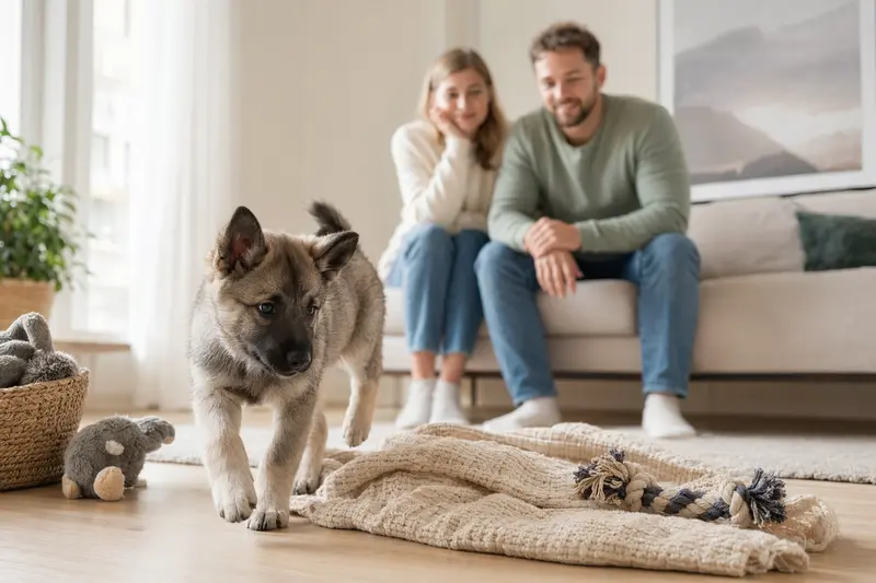 Ein neugieriger Norwegischer Elchhund Welpe erkundet sein neues Zuhause mit einer weichen Decke und Spielzeug, während eine liebevolle Familie im Hintergrund zu sehen ist.