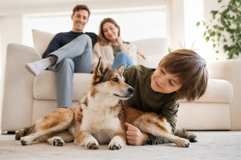 Ein freundlicher Norwegischer Lundehund liegt entspannt neben einem Kind im Wohnzimmer, während die Eltern im Hintergrund eine warme Familiensituation schaffen.