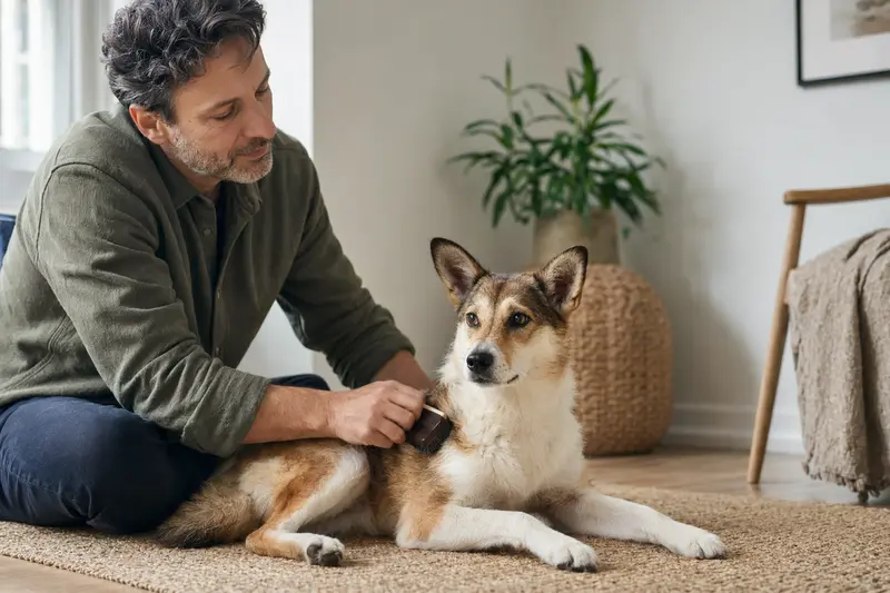 Ein Norwegischer Lundehund wird zuhause sanft gebürstet, während sein Besitzer liebevoll die Fellpflege übernimmt.