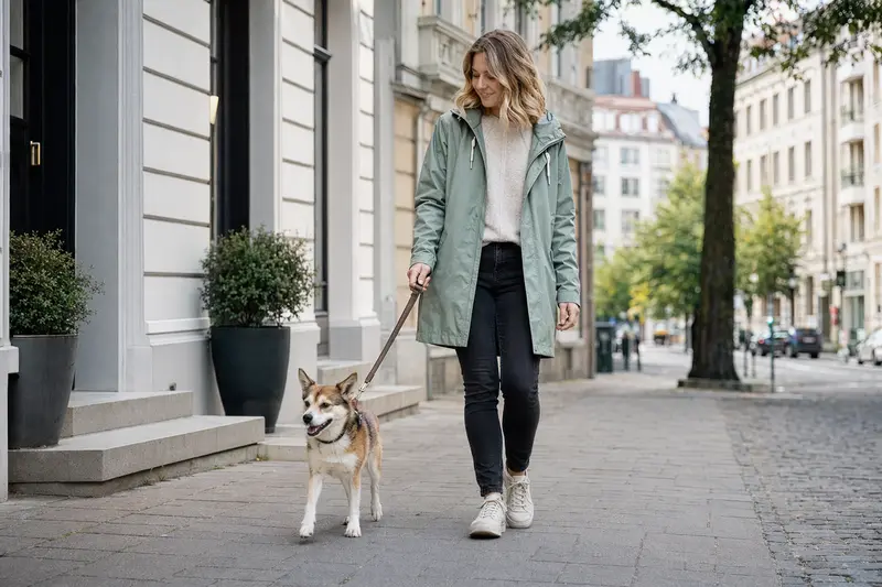 Ein Norwegischer Lundehund läuft an der Leine mit seinem Besitzer durch eine moderne Stadtstraße.
