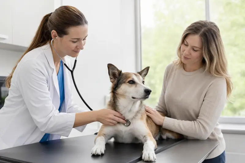 Ein Norwegischer Lundehund auf einem Untersuchungstisch, während eine Tierärztin ihn behutsam mit einem Stethoskop untersucht.