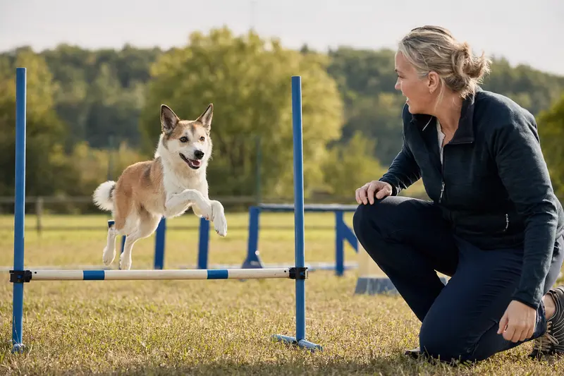 Ein Norwegischer Lundehund springt mit seinem Besitzer über eine kleine Trainingshürde auf dem Hundeplatz.