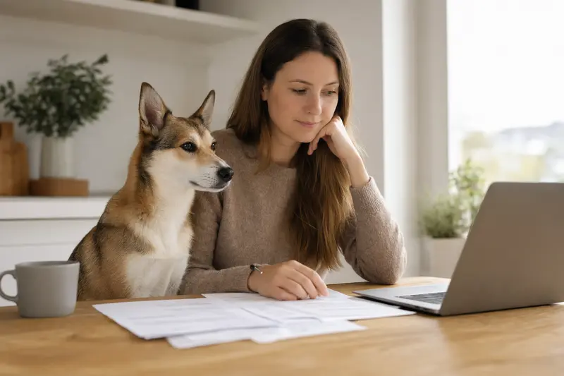 Ein Norwegischer Lundehund sitzt ruhig neben seinem Besitzer am Küchentisch mit Versicherungsunterlagen und Laptop zur Hundekrankenversicherung.