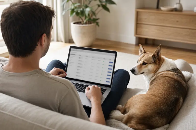 Ein Hundebesitzer mit einem Norwegischen Lundehund arbeitet entspannt am Laptop auf dem Sofa in einer hellen Wohnung.