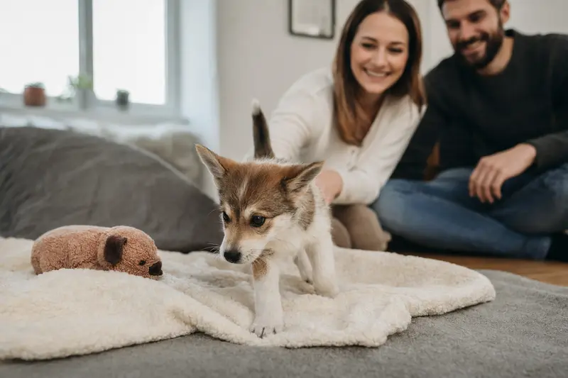 Ein neugieriger Norwegischer Lundehund Welpe erkundet sein neues Zuhause mit einer weichen Decke und Spielzeugen, während seine liebevolle Familie im Hintergrund lächelt.