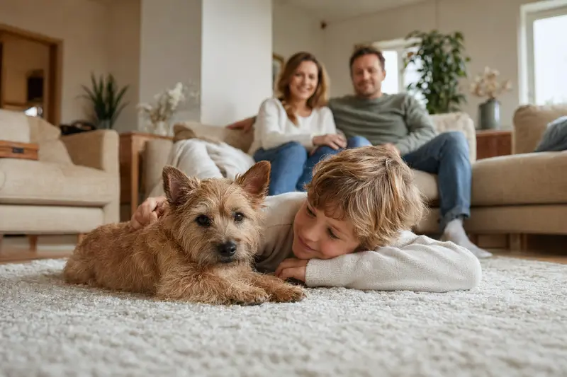 Ein freundlicher Norwich Terrier liegt entspannt neben einem Kind im Wohnzimmer in einer warmen Familienatmosphäre.