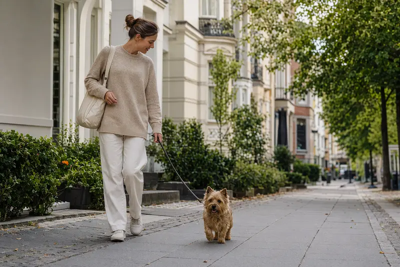 Ein Norwich Terrier läuft an der Leine mit seinem Besitzer durch eine freundliche moderne Stadtstraße.