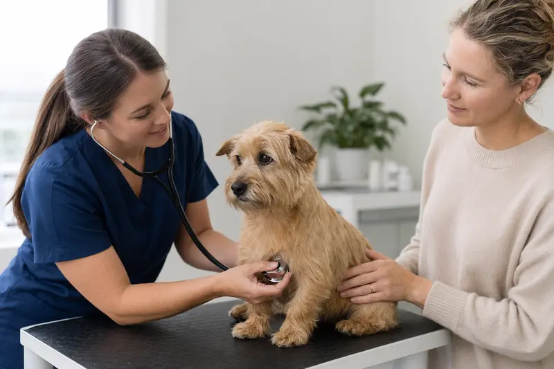 Ein Norwich Terrier wird von einer freundlichen Tierärztin in einer modernen Tierarztpraxis mit einem Stethoskop untersucht, während sein Besitzer beruhigend daneben steht.