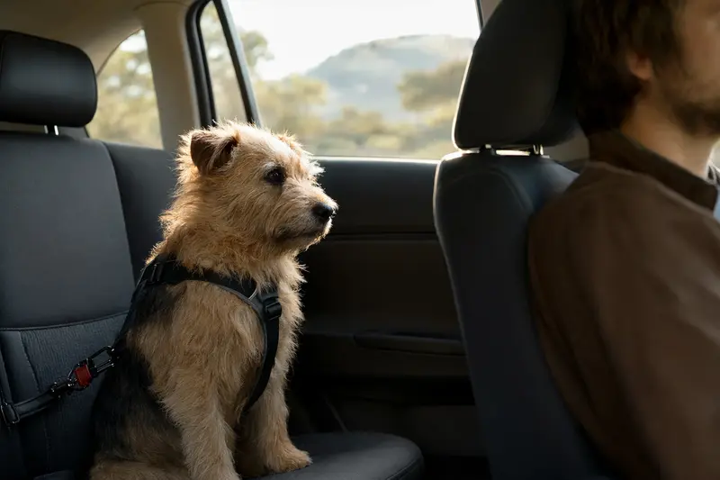 Ein Norwich Terrier sitzt sicher angeschnallt auf der Rückbank eines Autos, während der Besitzer ruhig fährt.