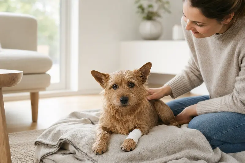 Norwich Terrier mit leichtem Verband an der Pfote liegt ruhig auf einer Decke neben seinem erleichterten Besitzer.