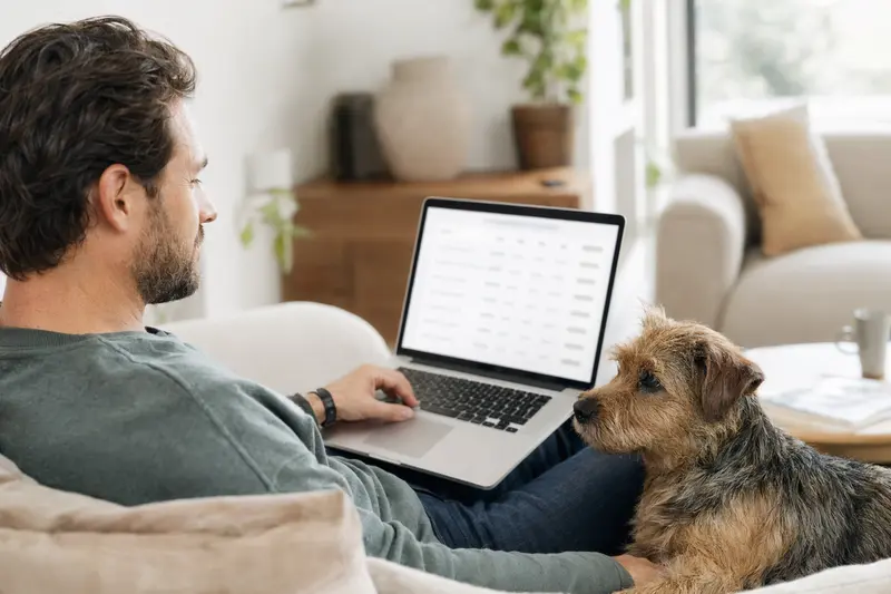 Ein Besitzer sitzt mit einem Norwich Terrier auf dem Sofa und betrachtet eine neutrale Versicherungsvergleichs-Oberfläche.