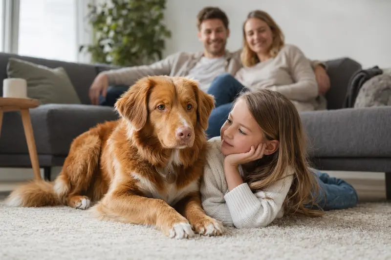 Ein Nova Scotia Duck Tolling Retriever liegt entspannt neben einem Kind im Wohnzimmer, während die Eltern im Hintergrund eine sichere Familienatmosphäre schaffen.