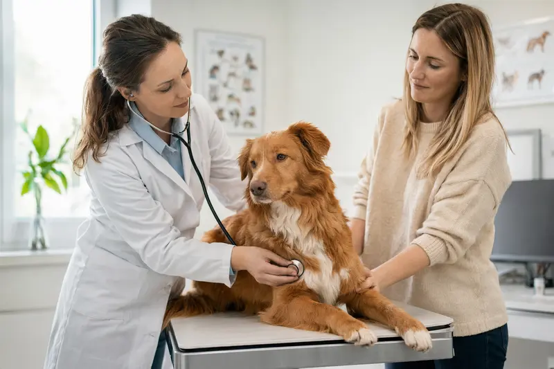 Ein Nova Scotia Duck Tolling Retriever wird freundlich von einer Tierärztin mit einem Stethoskop untersucht, während der Besitzer beruhigend danebensteht.
