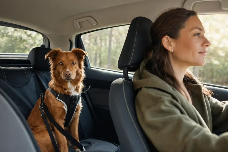 Ein Nova Scotia Duck Tolling Retriever sitzt sicher angeschnallt auf der Rückbank eines Autos, während sein Besitzer ruhig fährt.