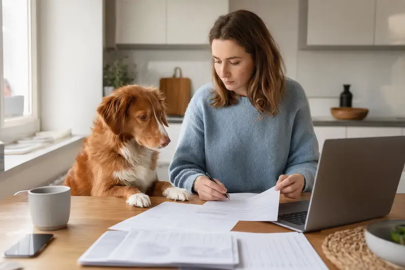 Ein Nova Scotia Duck Tolling Retriever sitzt ruhig neben seinem Besitzer am Küchentisch mit Versicherungsunterlagen und einem Laptop zur Tierkrankenversicherung.