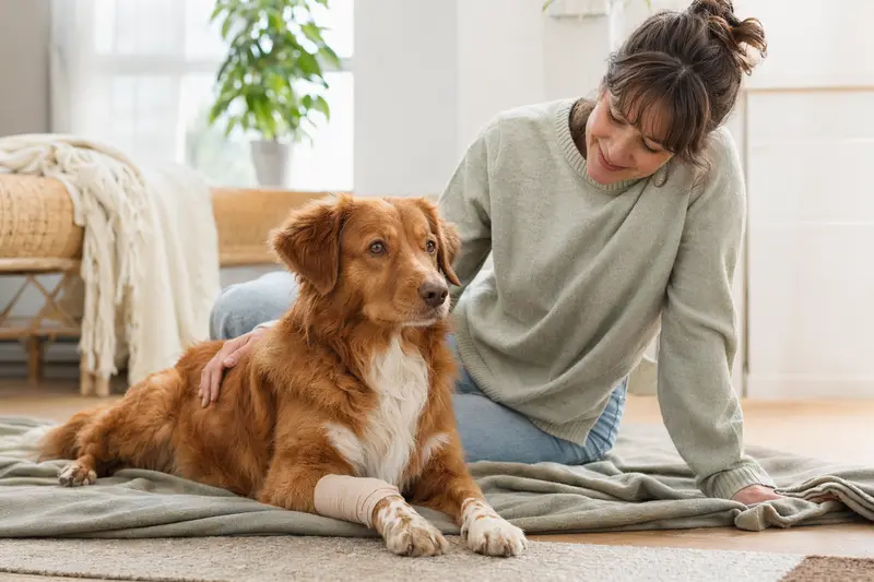 Ein Nova Scotia Duck Tolling Retriever mit leicht verbundenem Pfotenverband liegt ruhig auf einer Decke, während sein Besitzer neben ihm sitzt und erleichtert wirkt.