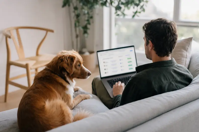 Ein Hundebesitzer mit einem Nova Scotia Duck Tolling Retriever arbeitet entspannt am Laptop auf dem Sofa in einer hellen Wohnung.