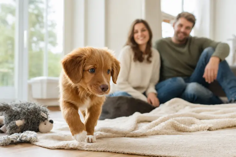 Ein neugieriger Nova Scotia Duck Tolling Retriever Welpe entdeckt seine neue Umgebung in einer freundlichen Wohnung.