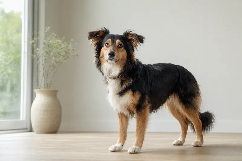Ein aufmerksam stehender Nurse Maid Hund vor hellem Hintergrund als realistisches Tierportrait für eine seriöse Hundeversicherung.