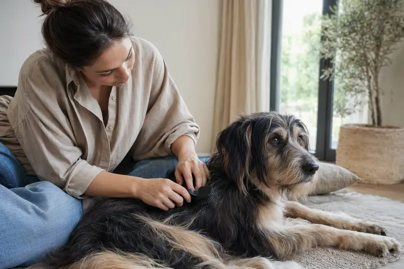 Ein Nurse-Maid-Hund wird zuhause sanft gebürstet, während der Besitzer liebevoll die Fellpflege übernimmt.